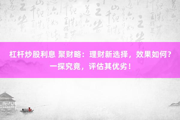杠杆炒股利息 聚财略:理财新选择,效果如何?一探究竟,评估其优劣!